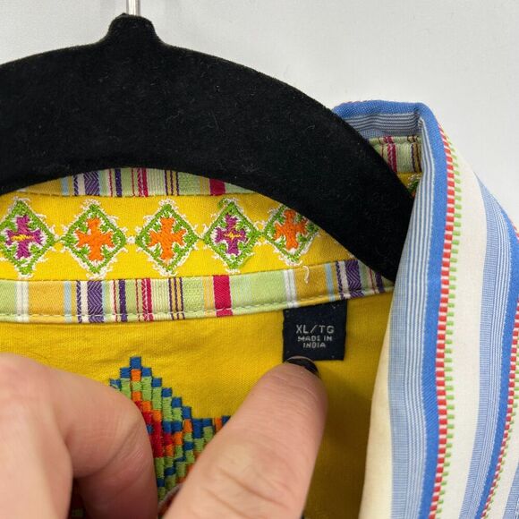 ROBERT GRAHAM Blue White Orange Stripe Embroidered Cuff Button Up Dress Shirt XL - Picture 7 of 9